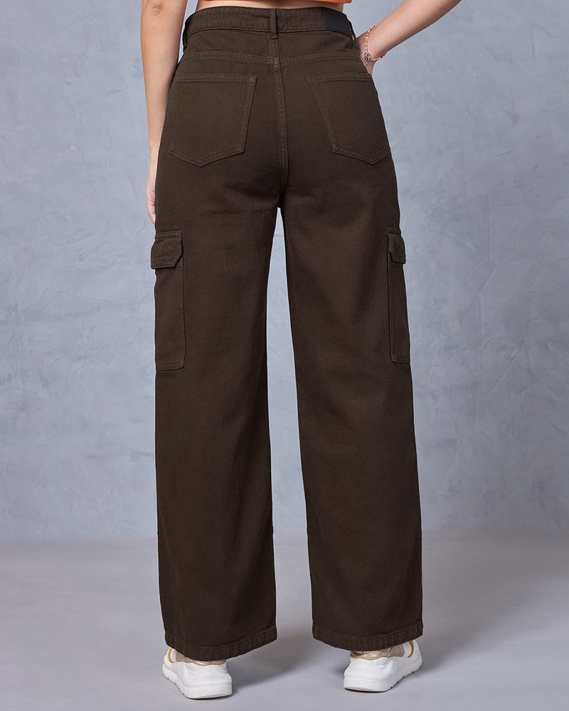 bewakoof Women's Dark Brown Straight Fit Cargo Jeans - Image 3